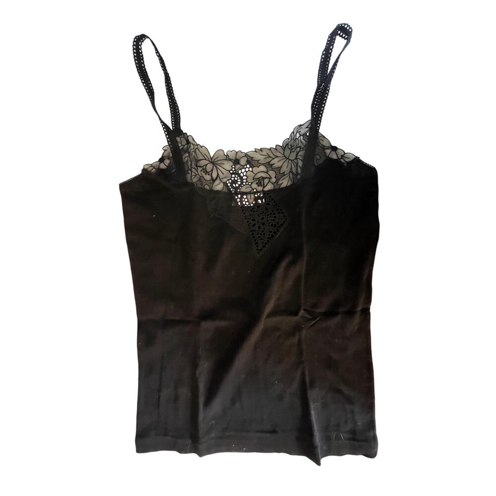 VTG. Les Tulipes Black Lace Trim Cotton Camisole Tank Top Made in Italy Sz Small